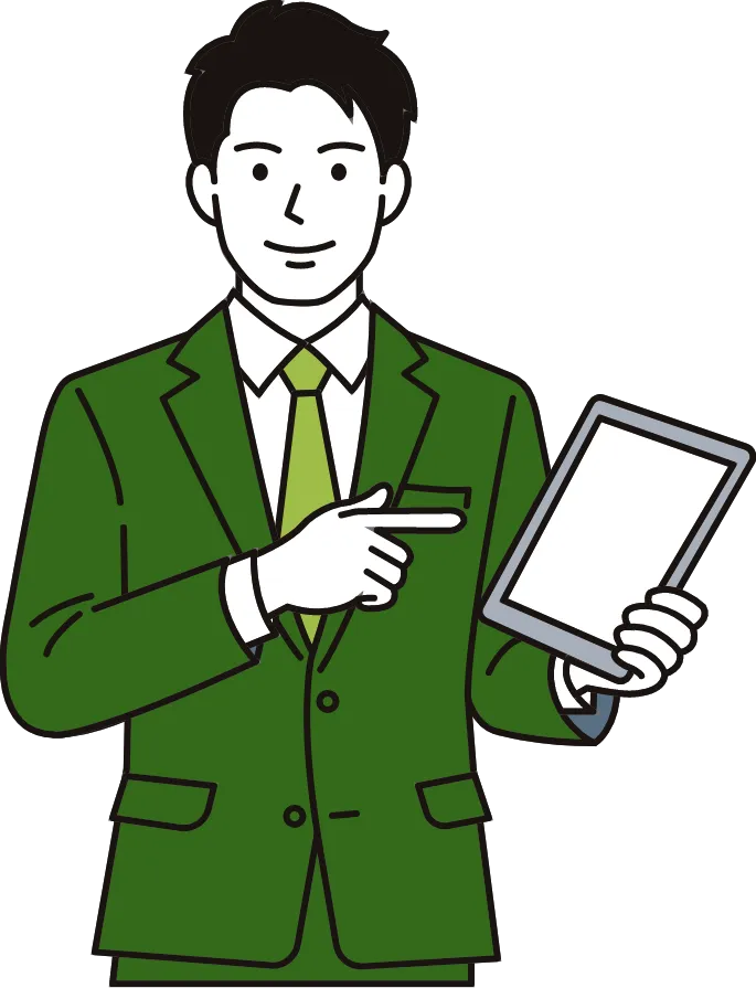 タブレットを持って案内するスーツ姿の男性イラスト